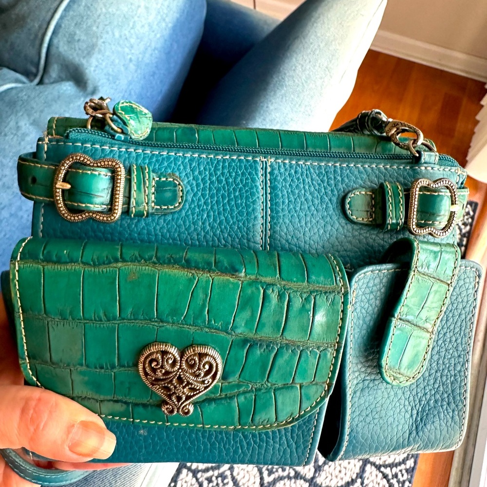 Brighton Green and Blue Crossbody Bag with Heart Embellishments